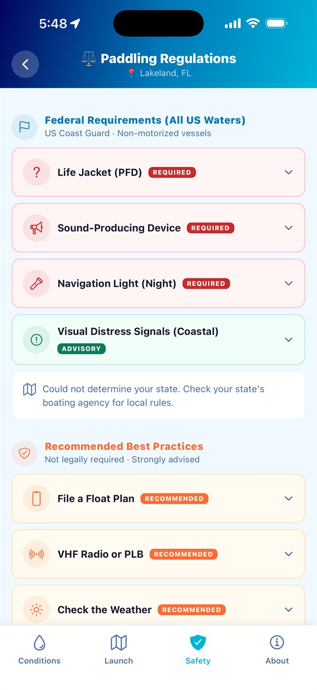 The PaddleReady Paddling Regulations screen for Lakeland, FL: federal Coast Guard requirements for life jacket, sound-producing device and navigation light, a coastal visual-distress-signal advisory, and recommended best practices including filing a float plan and carrying a VHF radio or PLB.